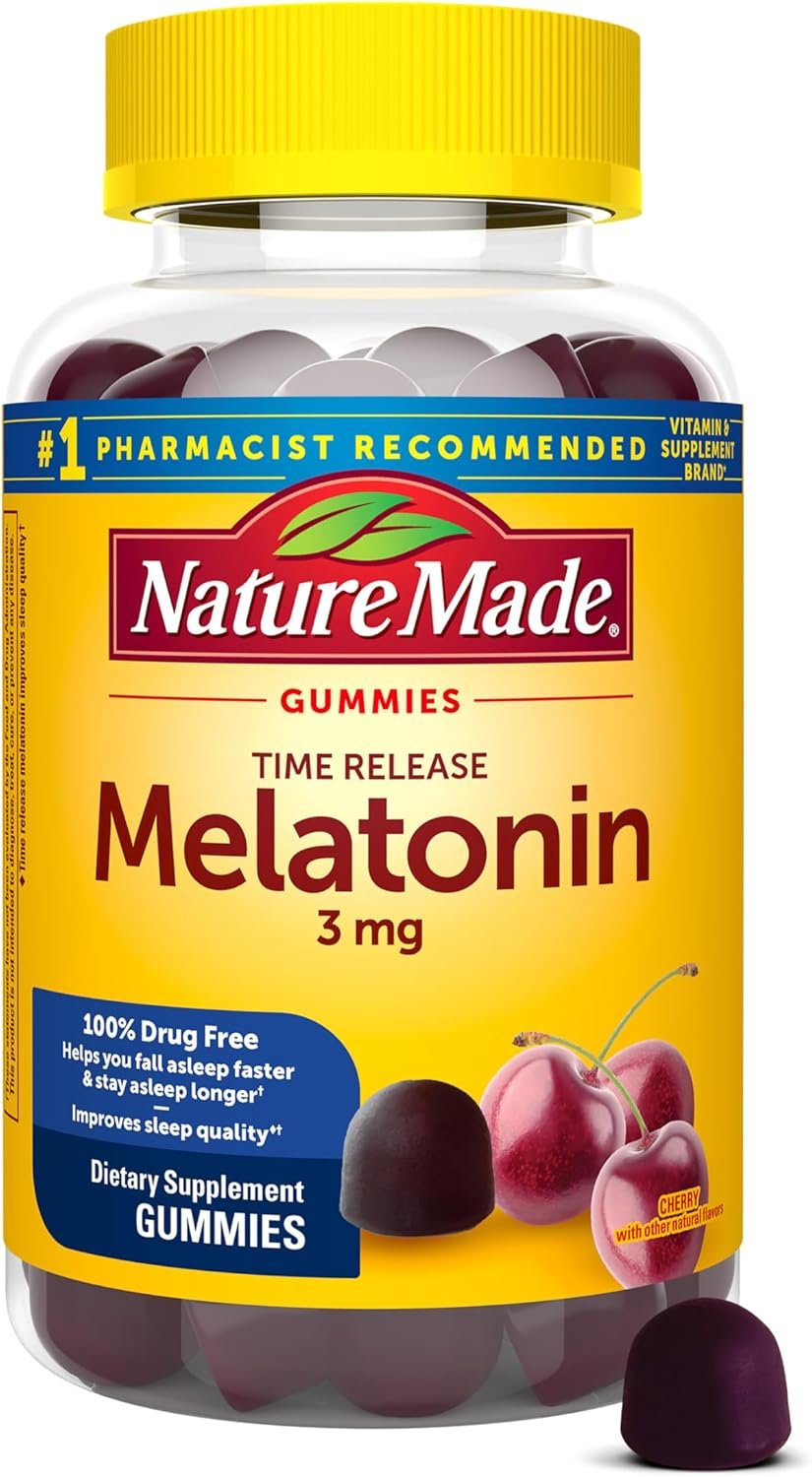 Nature Made Time Release Melatonin 3mg Gummies, 60 Melatonin Gummies | 100% Drug Free Sleep Aid for Adults, Time Release Melatonin Improves Sleep Quality, Cherry Flavor, 60 Day Supply
