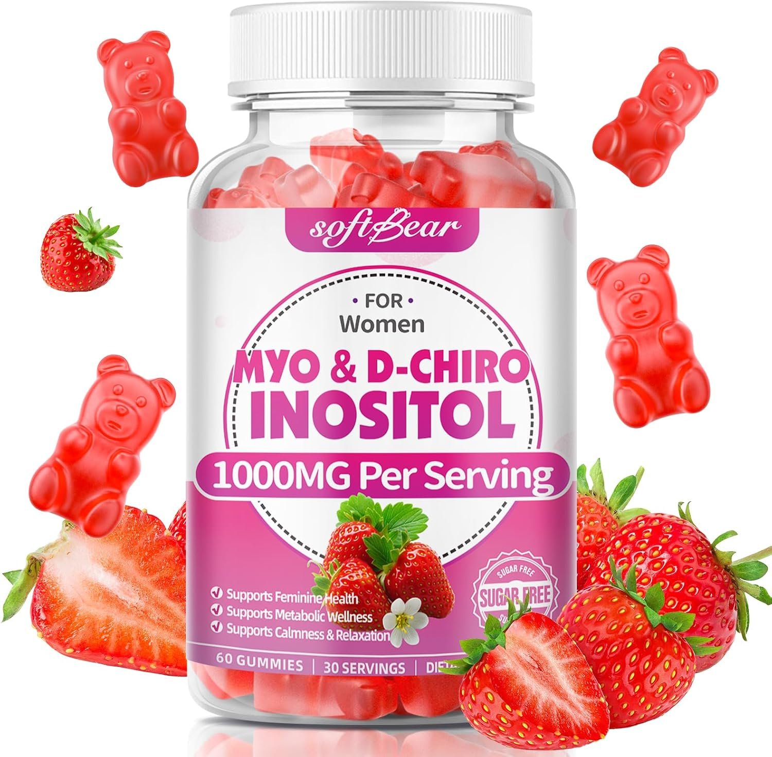 softbear Inositol Supplement for Women, Myo-Inositol & D-Chiro Inositol Gummies 1000mg with Vitamin D3 for POCS Support & Female Wellness, Sugar-Free/Veagn, Strawberry Flavor, 60 Count