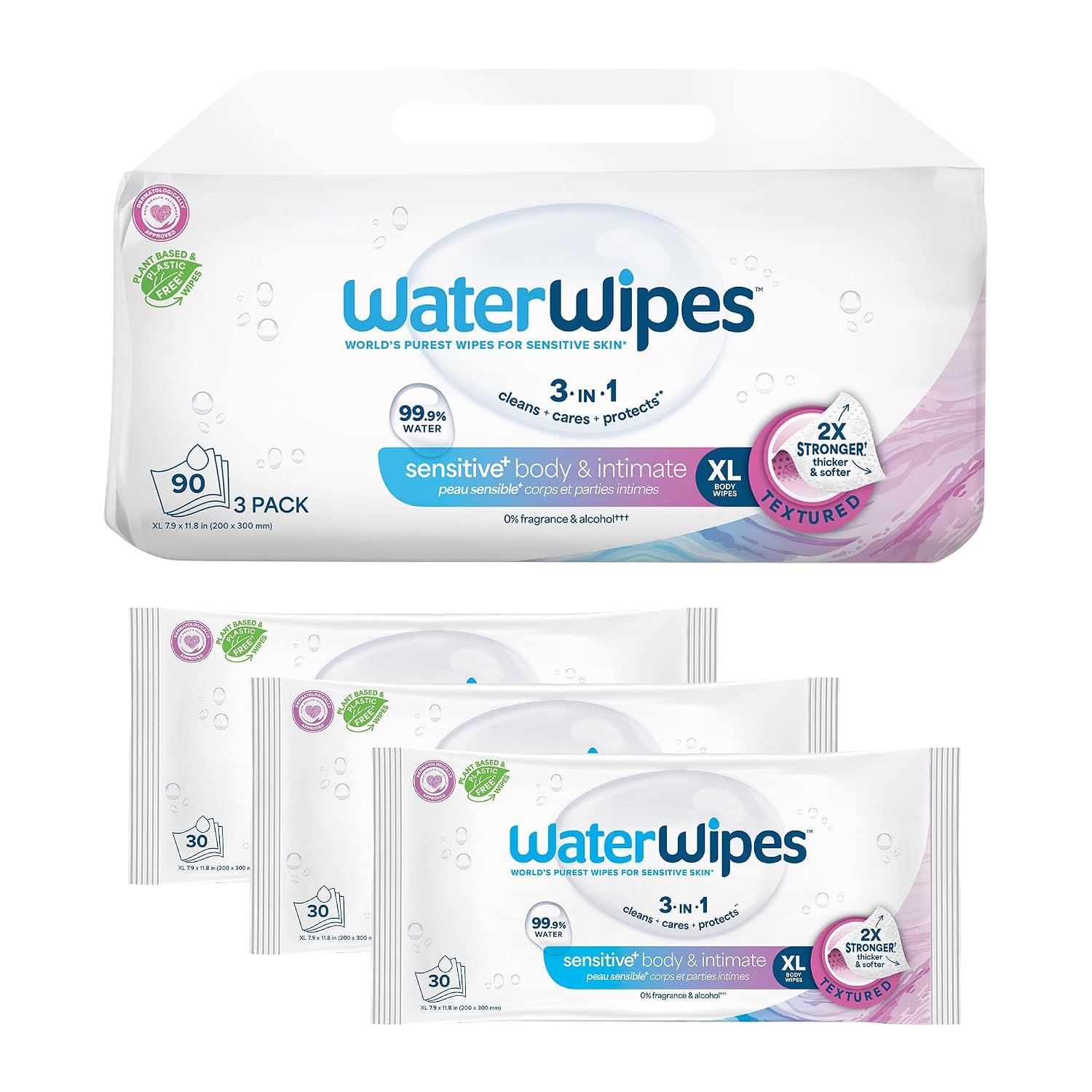 WaterWipes Sensitive Whole Body Cleansing Wipes, 99.9% Purified Water, XL Textured Wipes, Incontinence Care, Fragrance Free, 90 Count