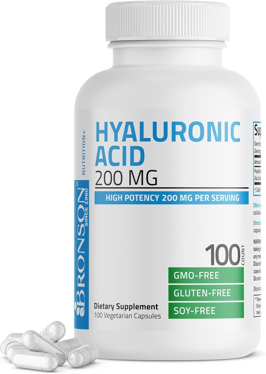 Bronson Hyaluronic Acid 200 mg as Sodium Hyaluronate, 100 Capsules | Joint Health & Skin Hydration Support, High Potency Formula, Vegetarian, Non-GMO, Gluten-Free & Soy-Free