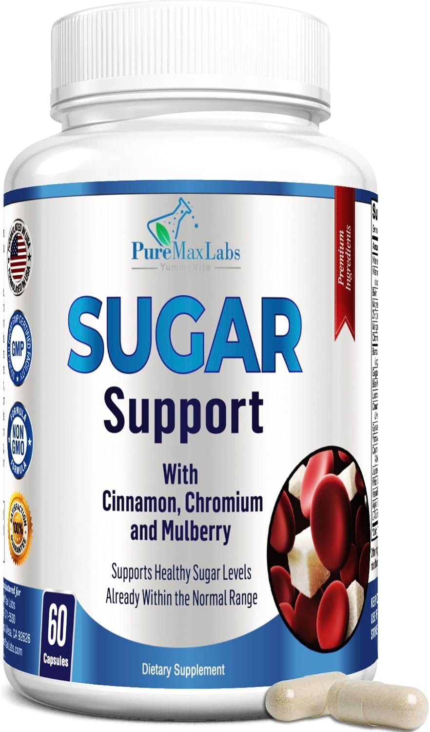 YUMMYVITE Sugar Support Supplement with Cinnamon, Chromium, Mulberry, Alpha Lipoic Acid – 20 Herbs & Vitamins – Non-GMO, 60 Capsules