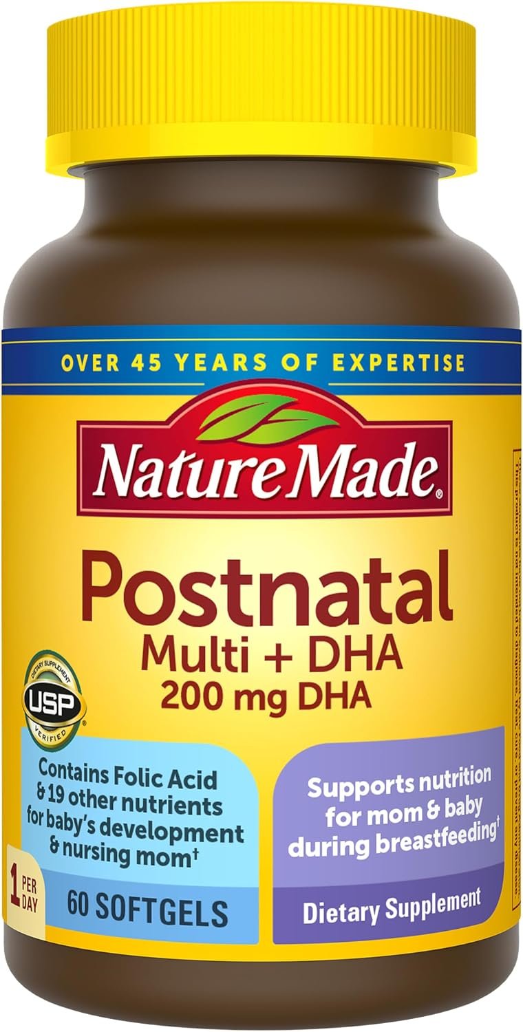 Nature Made Postnatal Multivitamin + DHA 200 mg, 60 Softgels | Postnatal Vitamins for Women, Includes Iron, Vitamin D3, Calcium, Iodine and More for Breastfeeding Moms, 60 Day Supply