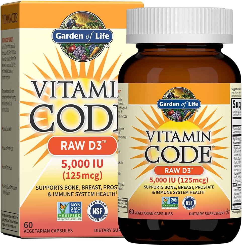 Garden of Life Vitamin D3 5000 IU, Raw Whole Food Supplements with Chlorella, Fruit, Veggies & Probiotics for Bone & Immune Health, 60 Vegetarian Capsules