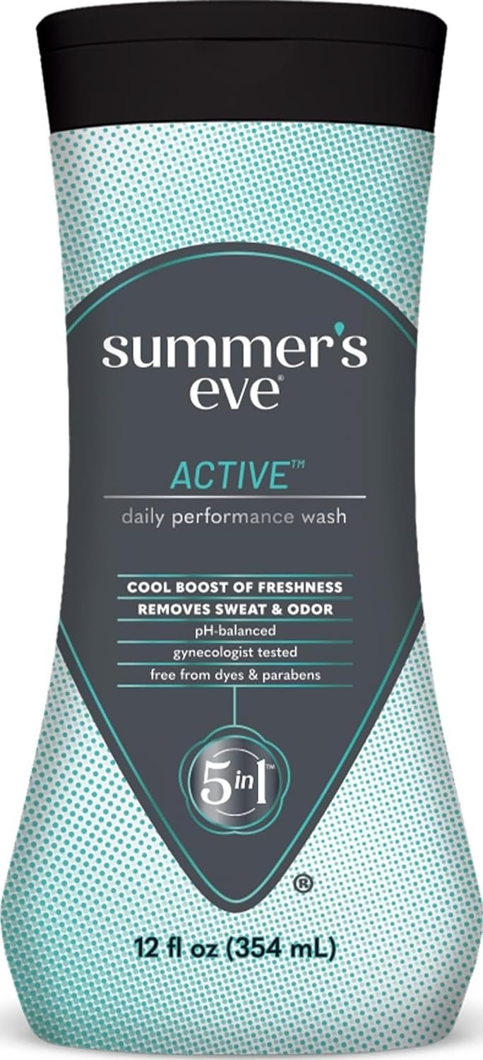 Summer’s Eve Active Daily Performance Feminine Wash, pH-Balanced Body Wash for Women, Removes Vaginal Odor with Scents of Eucalyptus & Peppermint, 12 Fl Oz