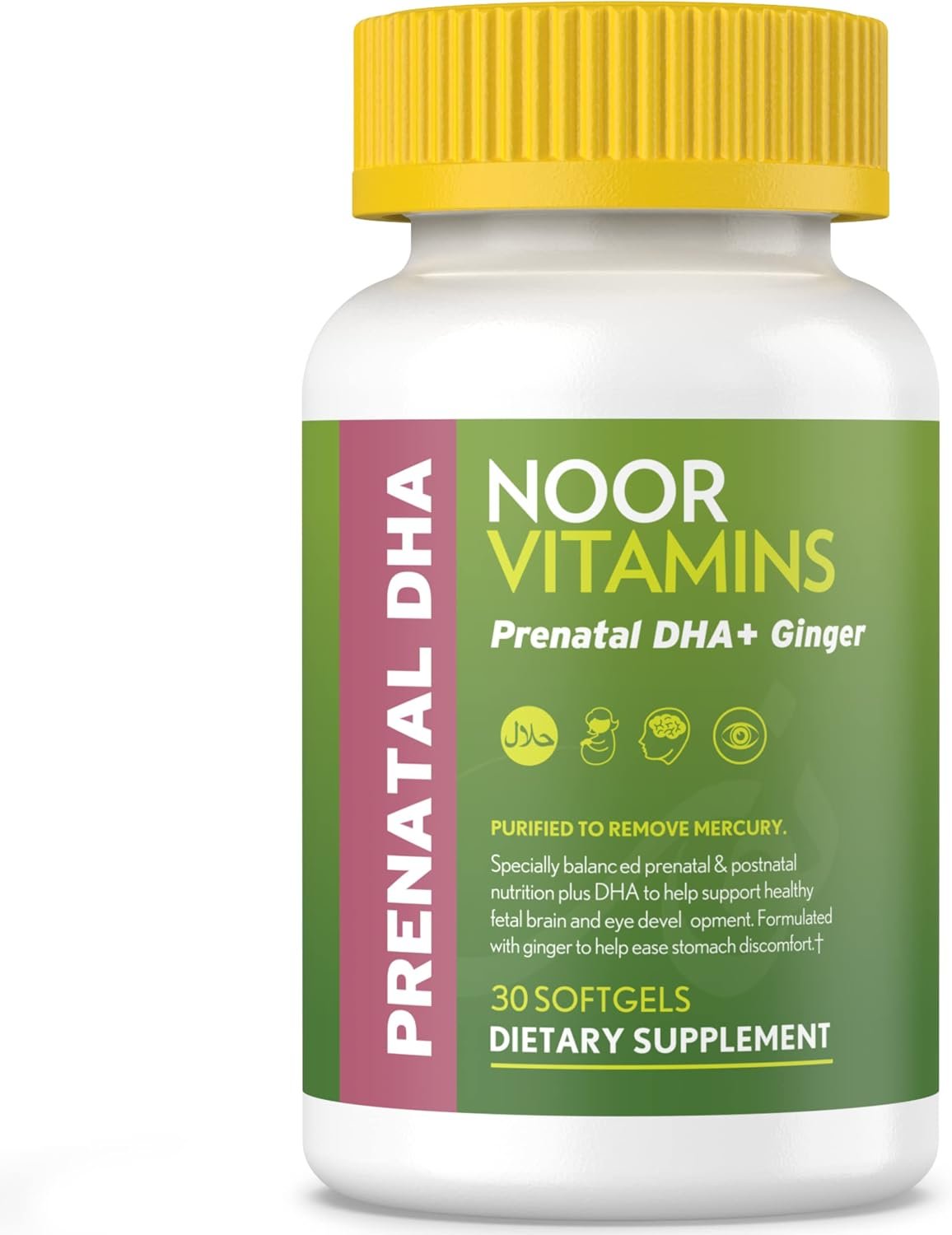 Noor Vitamins Halal Prenatal Vitamins with DHA and Folic Acid, Essential Vitamins, Ginger to Soothe Mom’s Stomach, Iron, Softgels, Prenatal Vitamin Before/During/Post Pregnancy (1 Month Supply)