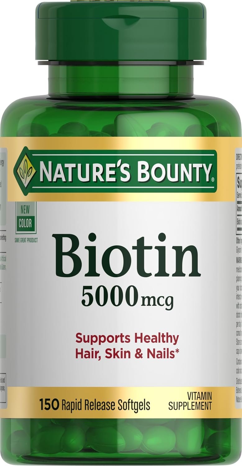 Nature’s Bounty Biotin 5000 mcg, 150 Softgels | Supports Metabolism for Cellular Energy, Healthy Hair, Skin, Nails