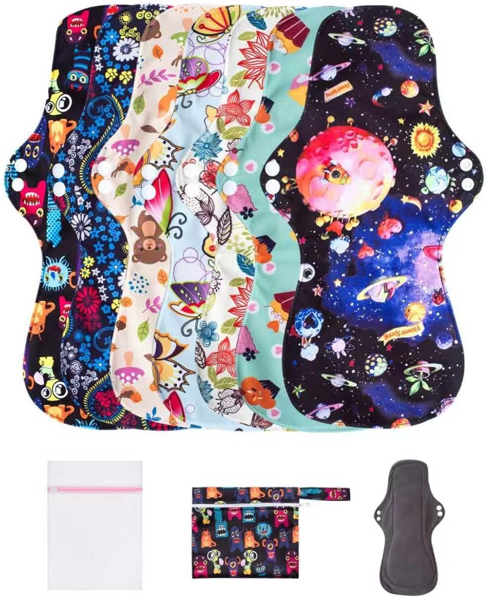 LUCKYPADS Overnight Reusable Menstrual Pads, 7 Pcs Washable Cloth Pads & Period Pads for Women, Extra Long (5.9×13.7 Inches) Postpartum & Heavy Flow Pads with Wet Bag & Laundry Bag