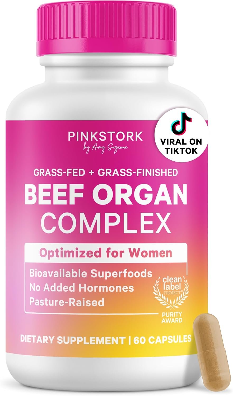 Pink Stork Beef Organ Supplement for Women, Clean Label, 60 Capsules | Grass-Fed Beef Liver Capsules, Iron, B12, CoQ10, Vitamin A, Primal Multivitamin for Hormone + Energy Support