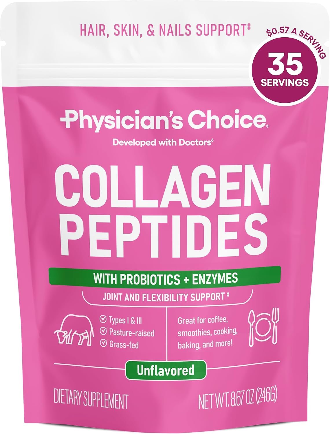 Physician’s CHOICE Collagen Peptides Protein Powder, Grass Fed, 35 Servings | Hydrolyzed Collagen Protein, Grass Fed, Non-GMO, Unflavored, Supports Hair, Skin, Joint Health for Women & Men