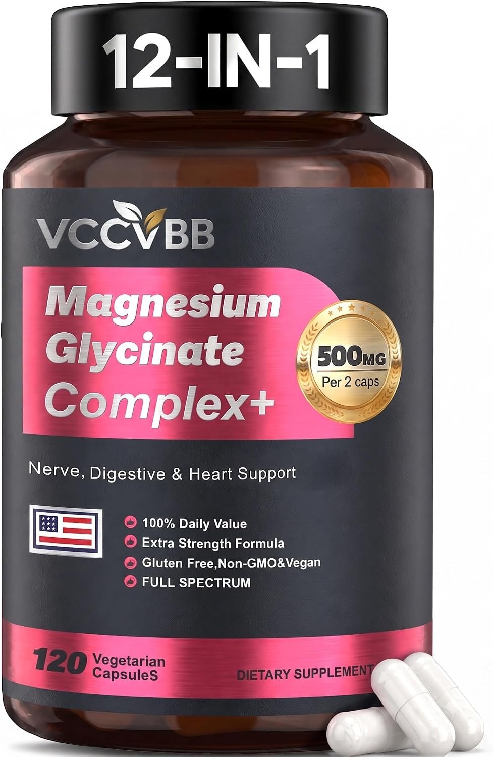 Magnesium Glycinate 500mg, 12-in-1 Magnesium Complex, 120 Capsules | Includes Magnesium Glycinate, Citrate, Taurate, Orotate and other complementary magnesium forms for daily nutrition
