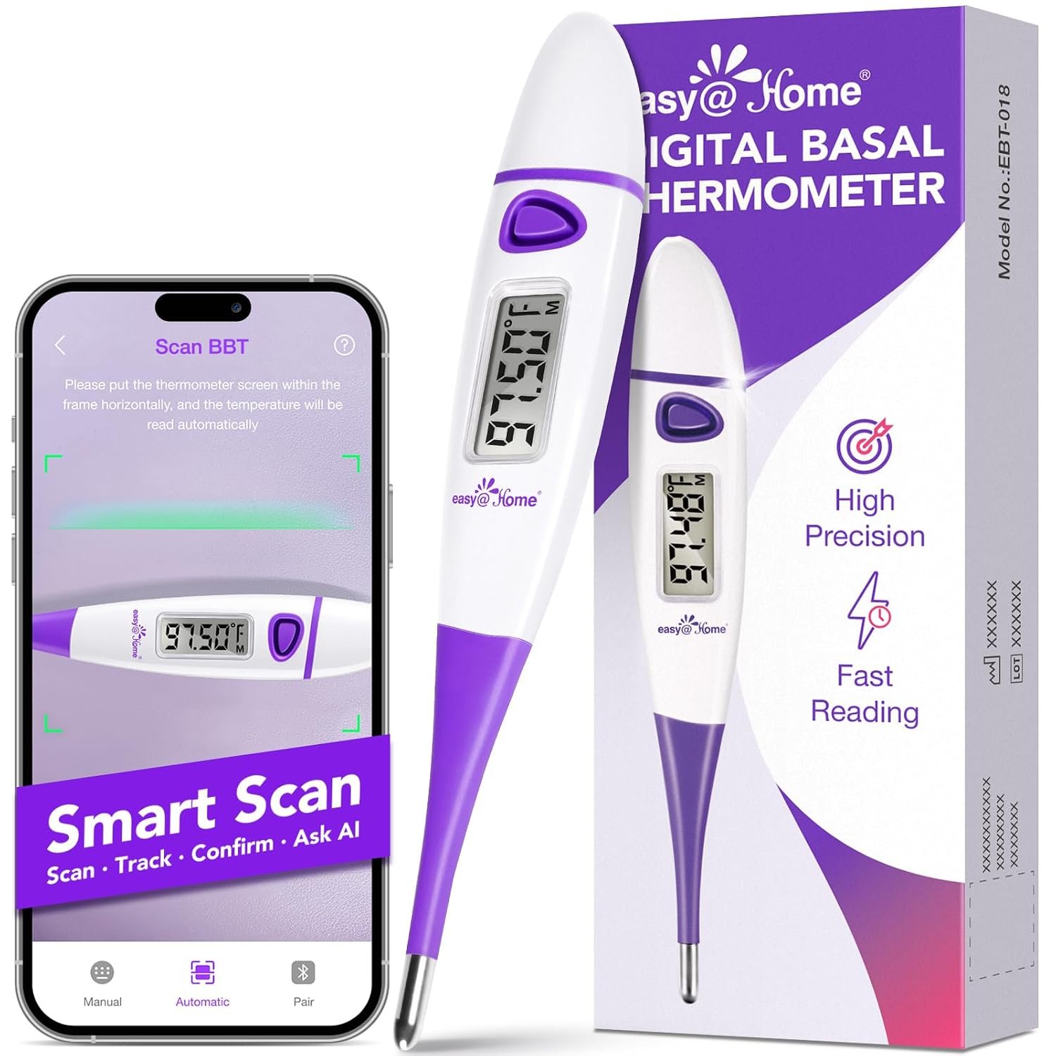 easy@Home Digital Basal Body Thermometer for Adults – Ovulation BBT | Precise 1/100th Degree Tracking. Flexible Waterproof Tip & Memory Recall. Auto Scan with Premom App