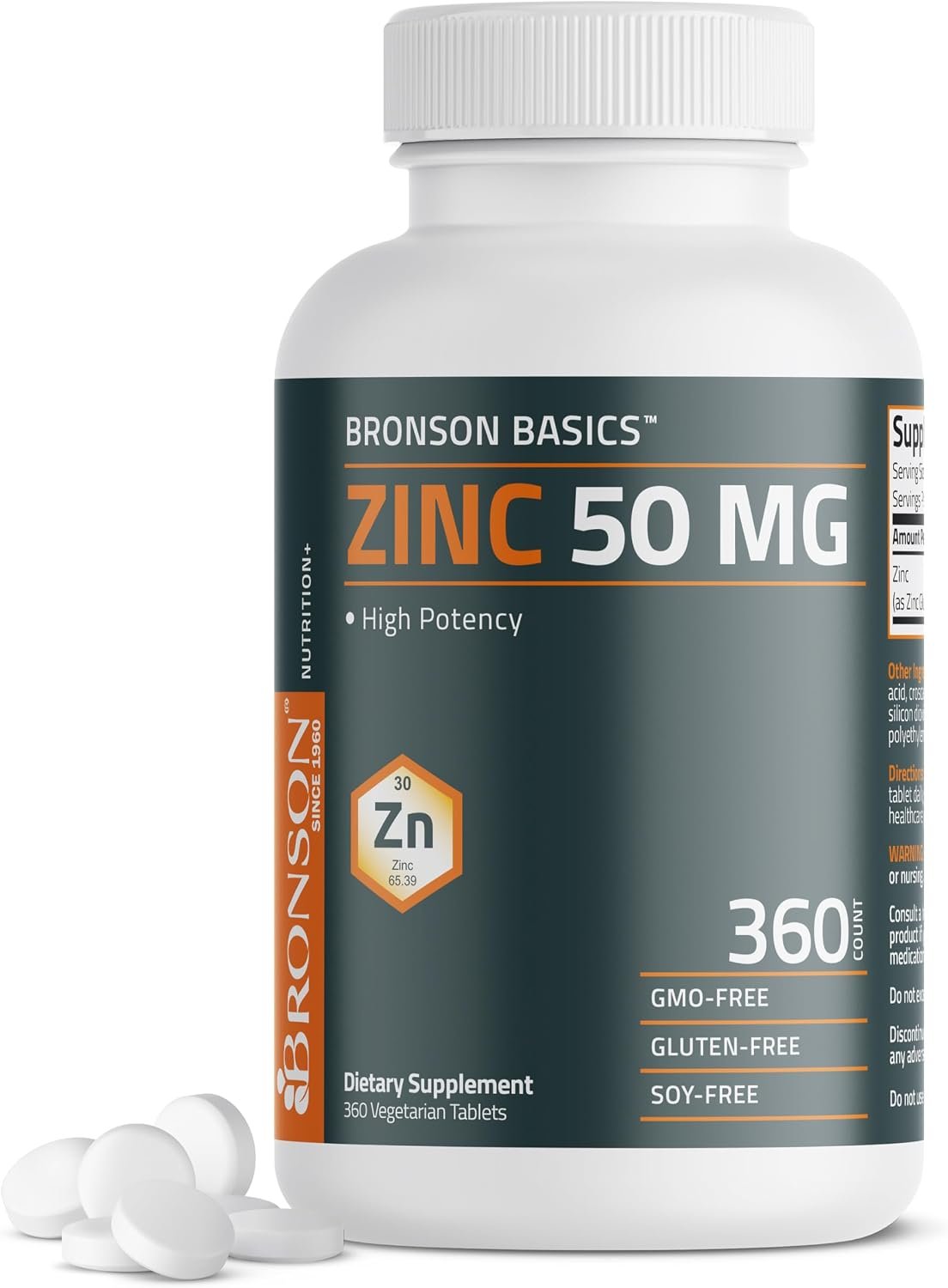 Bronson Zinc 50 mg (Zinc Gluconate), Immune Support, 360 Vegetarian Tablets | Antioxidant & Skin Health Support, High Potency Formula, Vegan, Non-GMO, Gluten-Free & Soy-Free