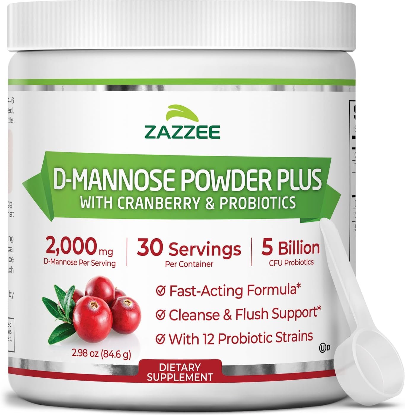 Zazzee D-Mannose Powder Plus, 2000 mg, 30 Servings, Free Scoop, Made in USA | Plus 5 Billion CFU Probiotics and Pure Cranberry Juice Extract, Kosher, 2.98 oz, Urinary Tract & Bladder Support, Non-GMO