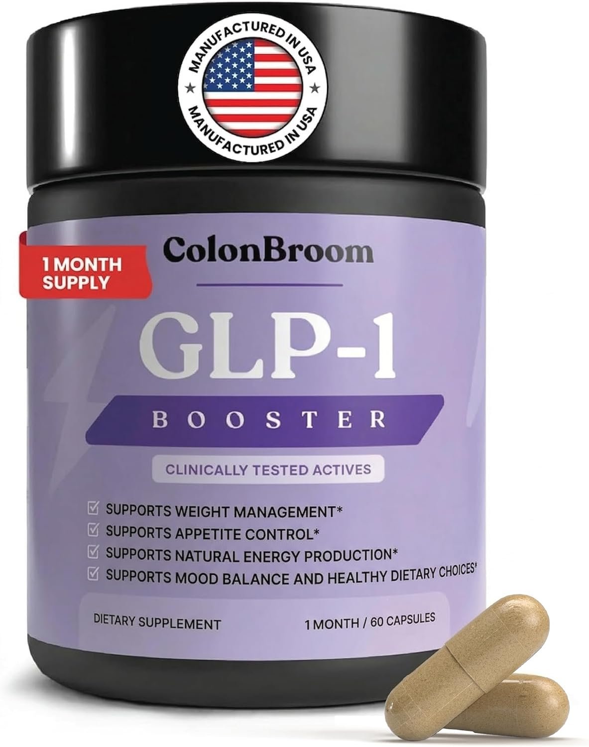 ColonBroom GLP-1 Weight Management, Appetite Control for Women & Men | Vegan, gluten-free capsules with Berberine; supports cravings, energy & mood; no jitters, 60 ct 30-Day Supply
