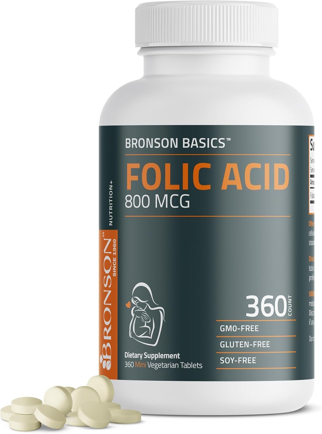 Bronson Folic Acid 800 mcg Vitamin B9 Prenatal Support, 360 Mini Tablets | Once-Daily Folate Replenishment, Non-GMO, Gluten-Free & Soy-Free
