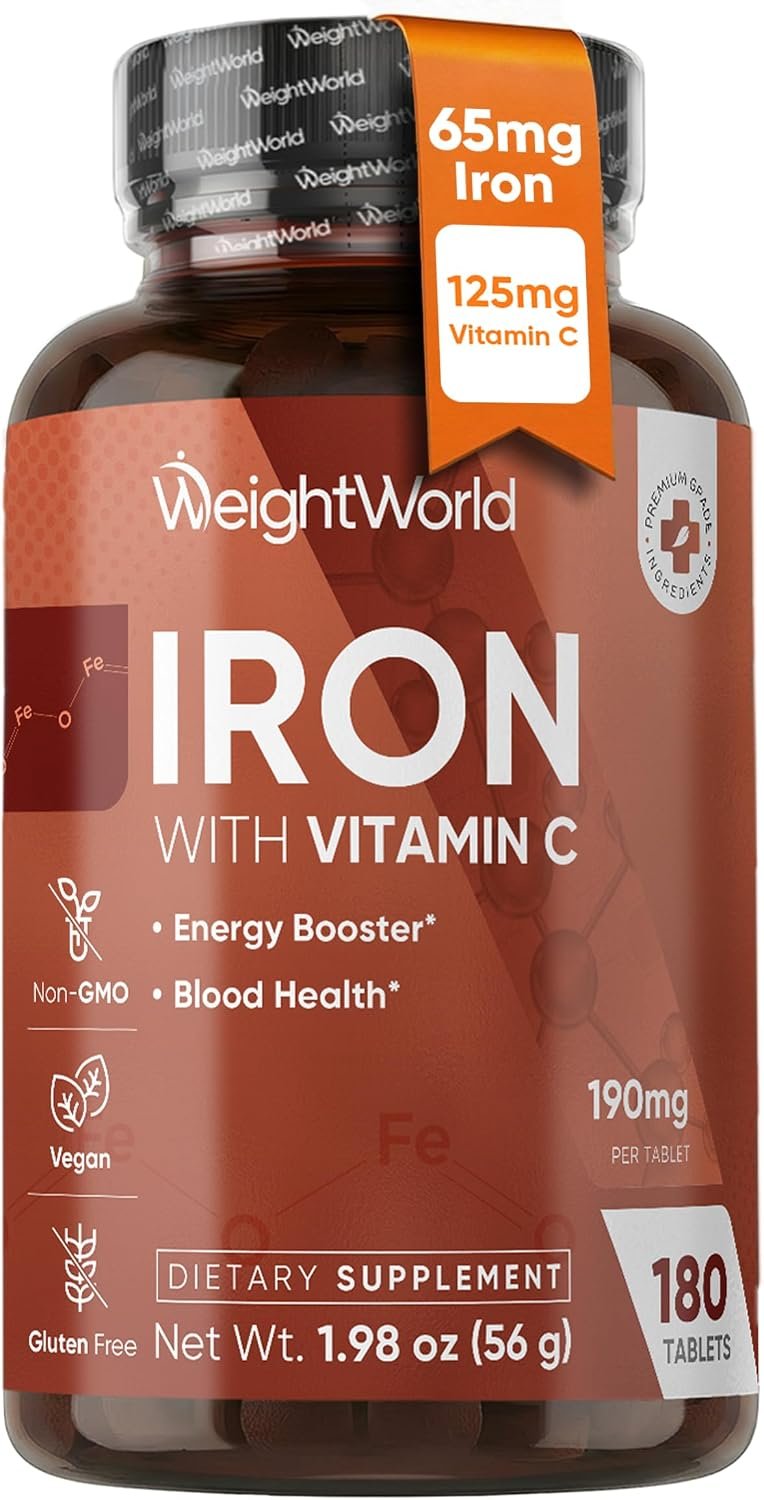WeightWorld Gentle Iron 65mg with Vitamin C 125mg Tablets | 6-Month Supply | Blood Health, Energy & Immune Support | High Absorption Iron Supplement for Women & Men – 180 Iron Pills, Vegan, Non-GMO