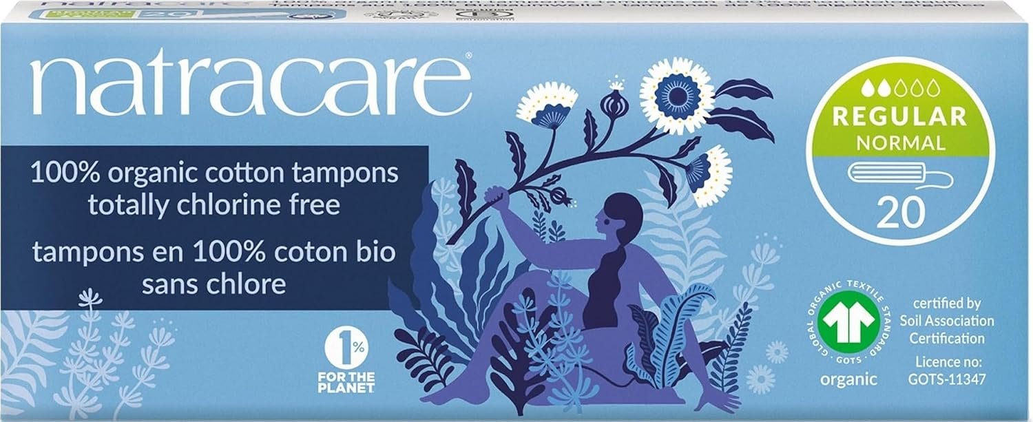 Natracare Non-Applicator 100% Organic Cotton Tampons, Regular, Totally Chlorine Free, Biodegradable and Compostable (1 Pack, 20 Tampons Total)
