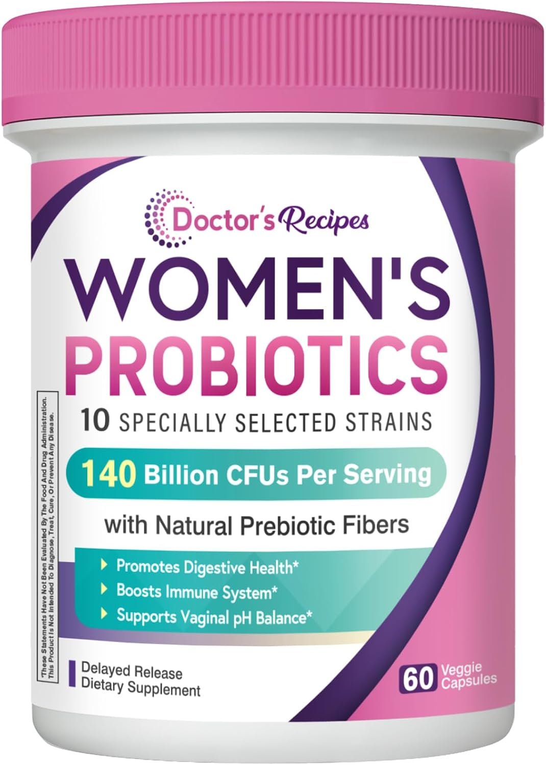 Doctor’s Recipes Probiotics for Women, Organic Prebiotics and Probiotics for Digestive Health, Vaginal Health, 140 Billion CFU, 10 Strains, Shelf Stable, 60 Capsules