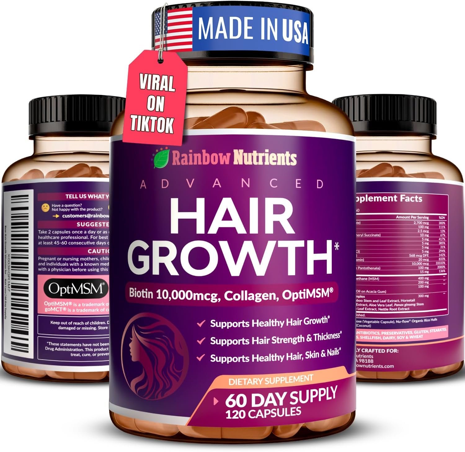 Hair Growth Vitamins for Women | Biotin 10,000mcg, Collagen, Patented OptiMSM®, goMCT®, Saw Palmetto | Naturally Supports Stronger & Healthier Hair, Skin and Nails |Non GMO + Made in USA|60 Day Supply