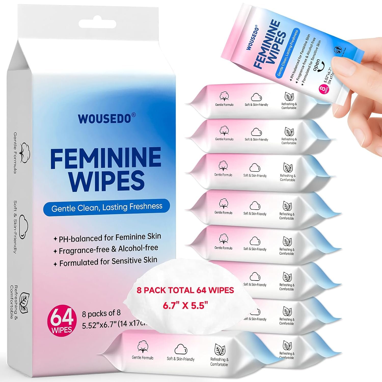 Feminine Wipes 64 Count, Impossibly Compact Travel Mini Packs | pH Balanced Daily Freshening Wipes, Hypoallergenic Period Friendly Private Care for Teens & Women Hygiene – 8 Packs