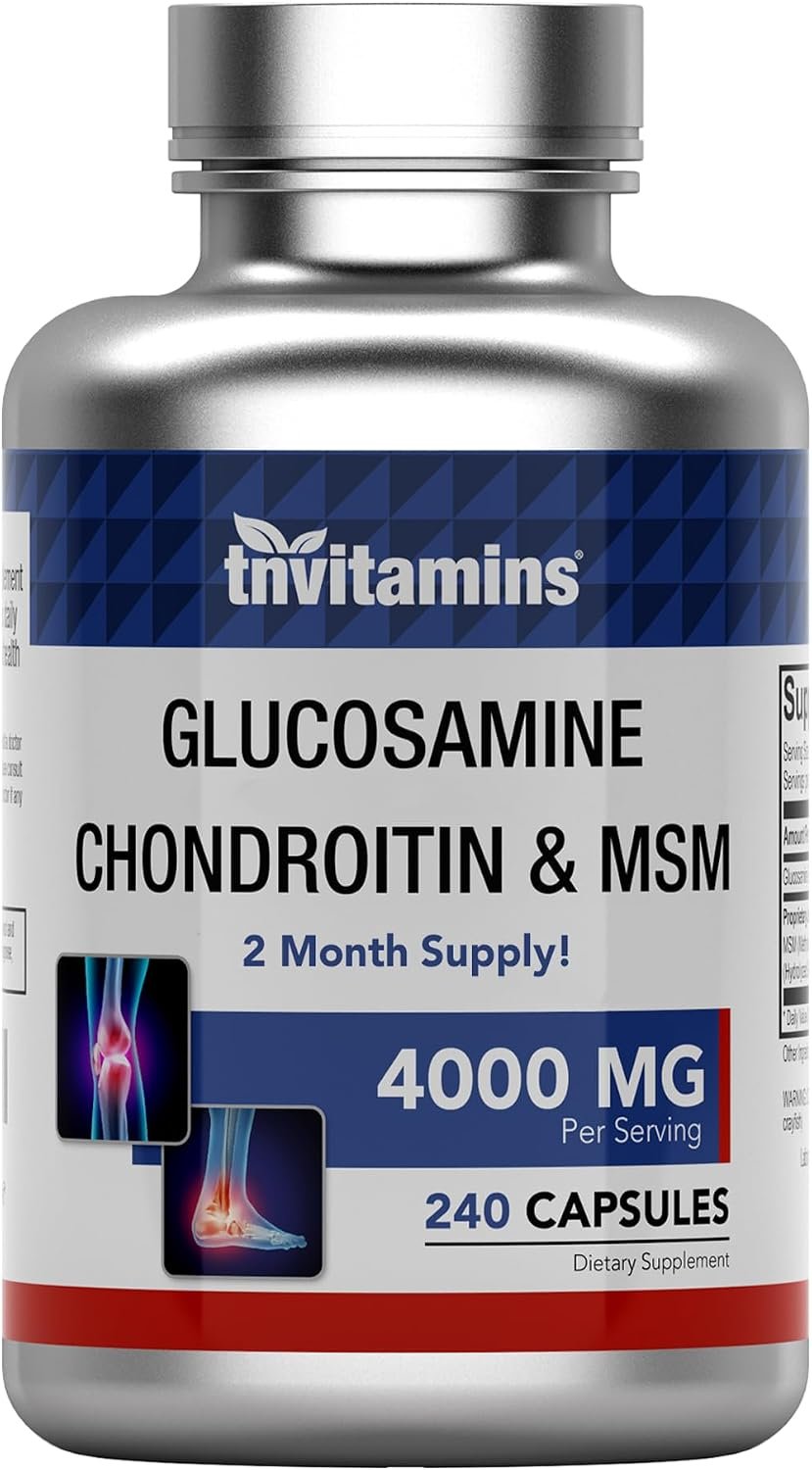 tnvitamins Glucosamine Chondroitin MSM, 240 Capsules, 4,000 mg Per Serving, Glucosamine Sulfate 2KCl, Joint Support Supplement for Men & Women