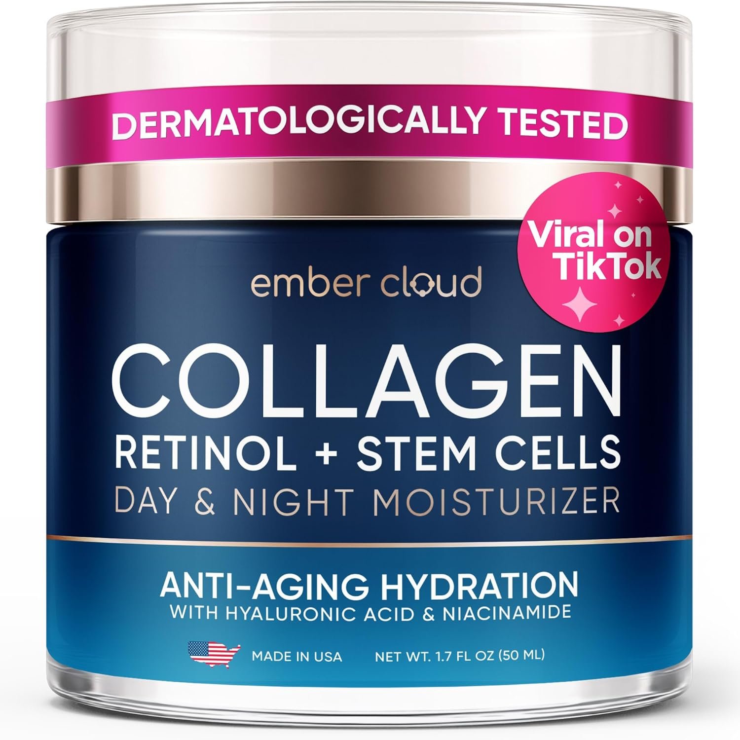 Collagen Stem Cell Cream with Retinol, Hyaluronic Acid 1.7 Oz | Anti Aging Effect Hydrating Day & Night Moisturizer Wrinkle Cream for All Skin Types, Paraben & Fragrance-Free, USA Made