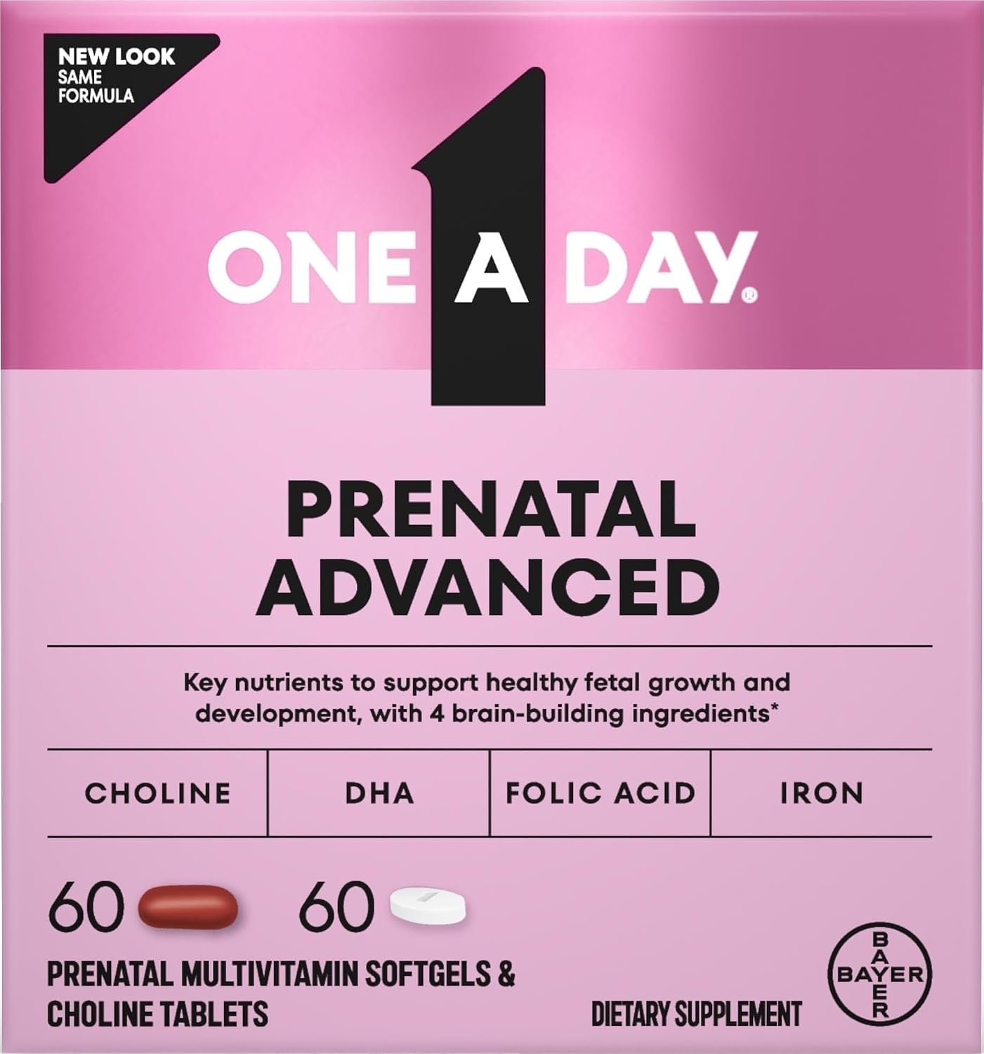 One A Day Prenatal Advanced- Prenatal Vitamins with Folic Acid, Choline, DHA & Iron, Pregnancy Vitamins for Women to Support Baby’s Development, 60+60 Ct (120 Total Set) (Packaging May Vary)