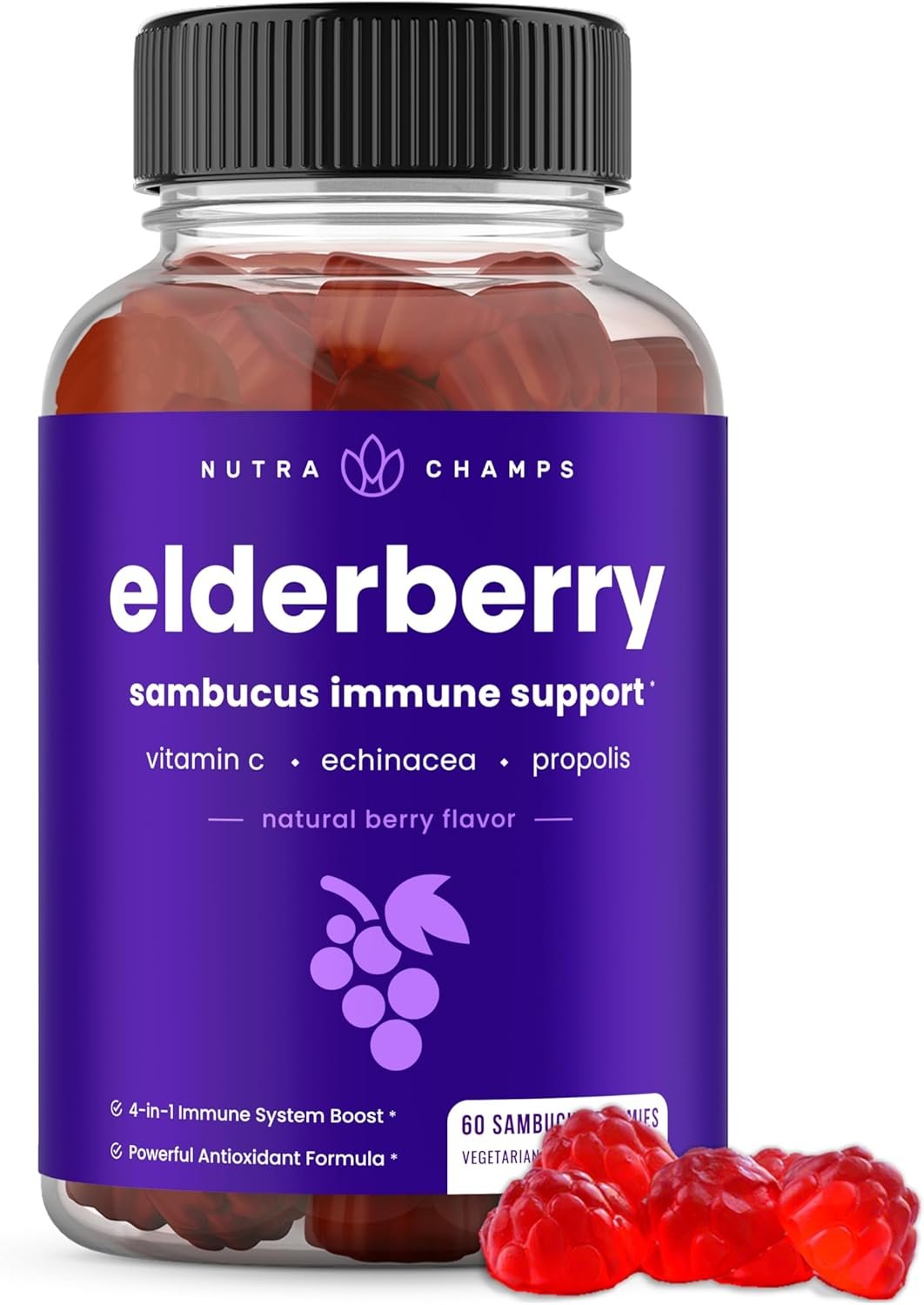 NutraChamps Elderberry Gummies with Vitamin C, Propolis & Echinacea – Immune System Support Gummy Vitamins for Adults & Kids – Max Strength 200mg Sambucus Antioxidant