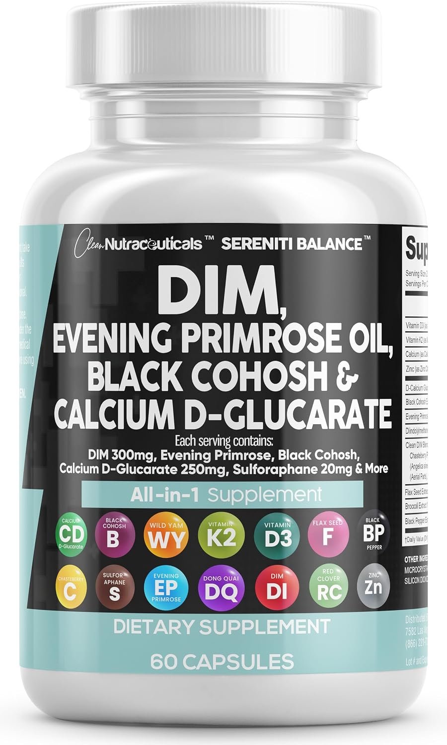 Clean Nutraceuticals DIM Evening Primrose Black Cohosh Calcium D-Glucarate Sulforaphane Flax Seed Extract – Hormonal Support Vitamins for Women with Dong Quai – 60 Caps