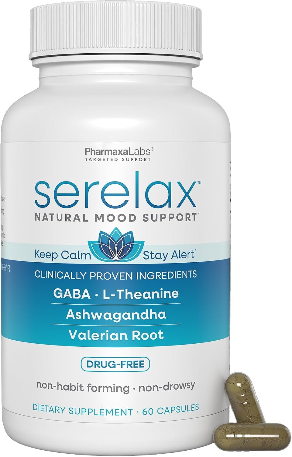 Stress Relief Supplement – Supports Mood & Mental Focus – Feel Calm and Relaxed – Eases Tension & Nervousness – Ashwagandha, GABA, Valerian & L-Theanine – 60 Capsules