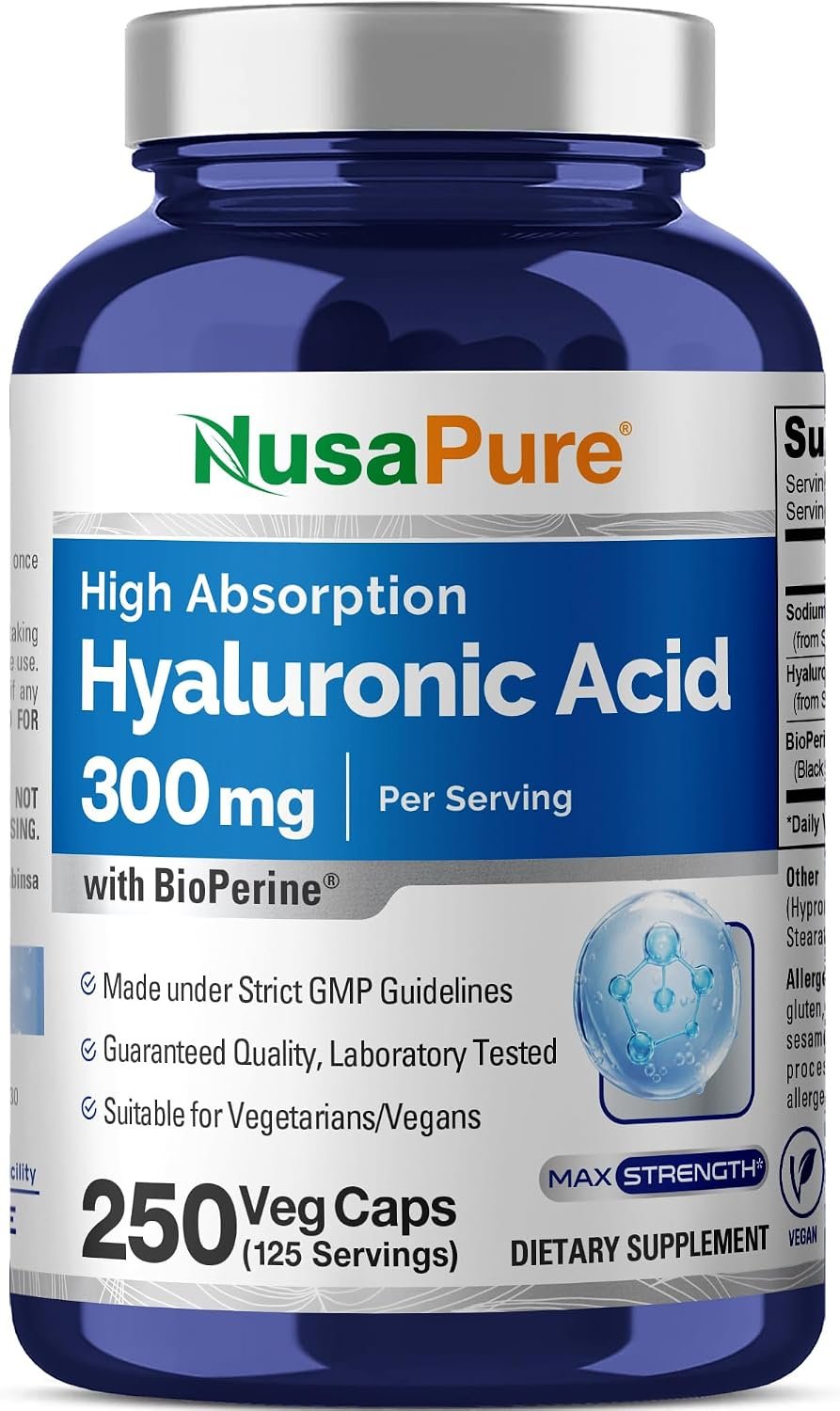 Hyaluronic Acid, Non-GMO, Vegan, 300mg, 250 Veg Capsules – 125 Servings | Plant Based Formula, Sodium Hyaluronate, BioPerine, Suitable for Adults, Manufactured in cGMP Registered Facility USA