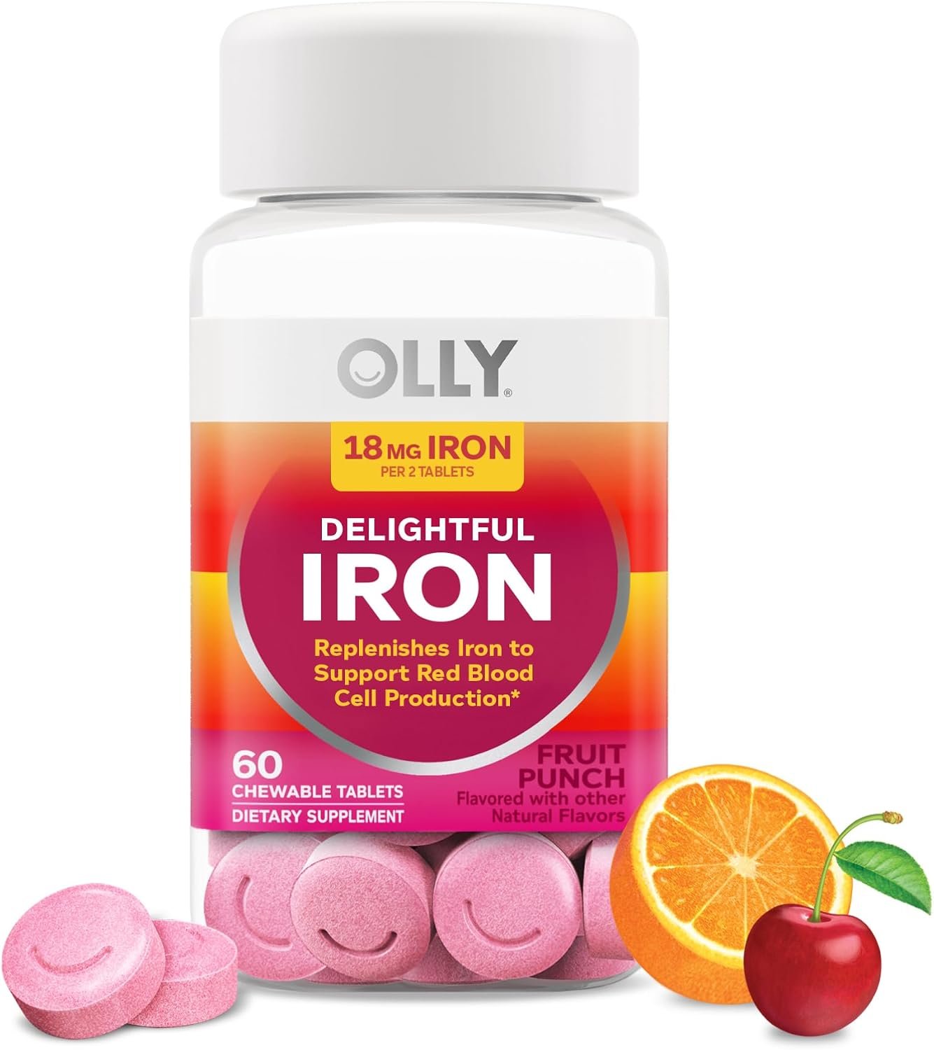 OLLY Delightful Iron Chewable Tablet, 18 mg Iron, Fruit Punch – 60 Count