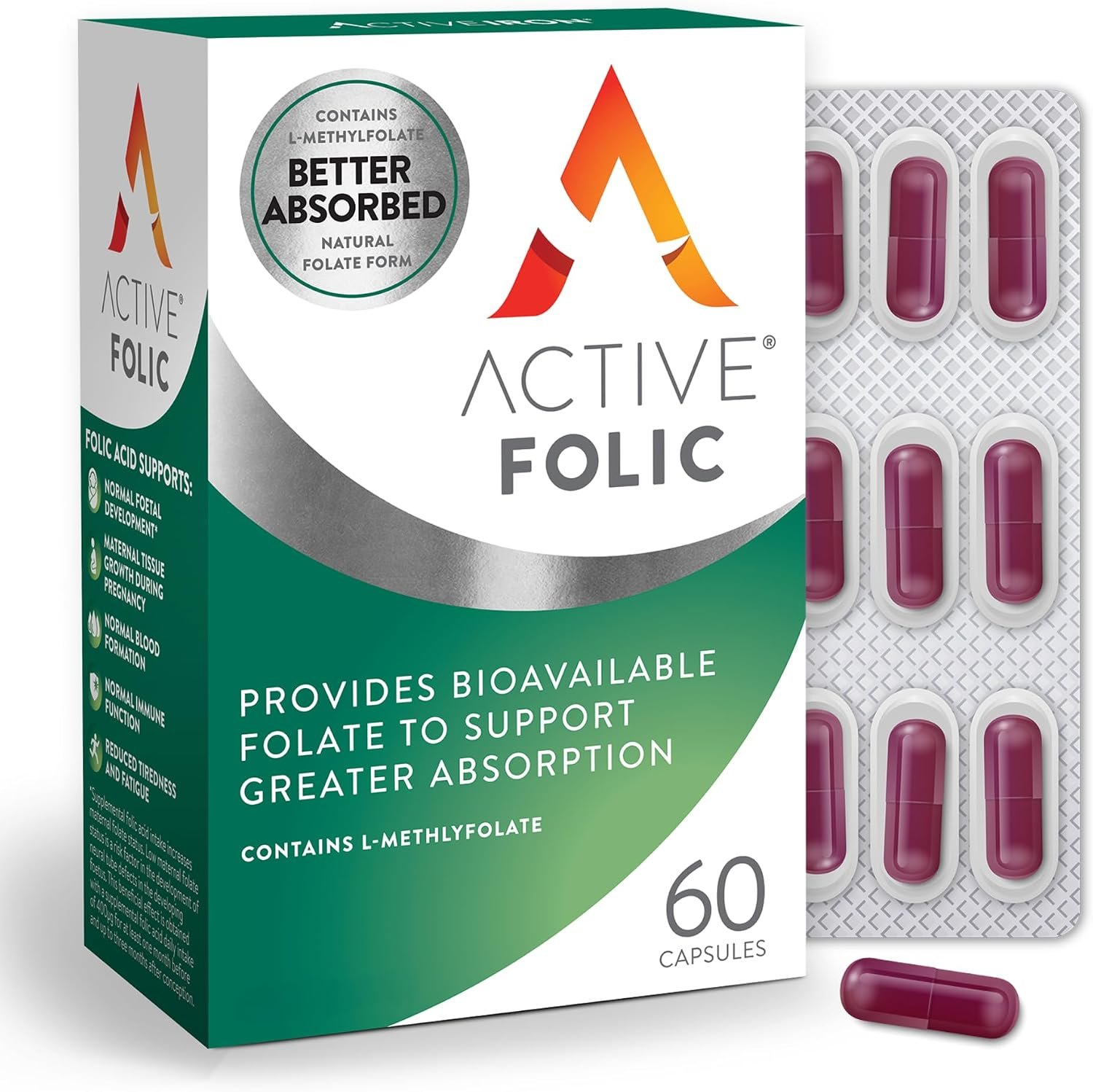 Active Folic Acid Supplement, 400mcg, Fights Tiredness, Supports Pregnancy | Optimum Absorption of L-Methylfolate Folic Acid Pills, Fights Tiredness, Vegan, 60 On-the-Go Foil Protected Capsules