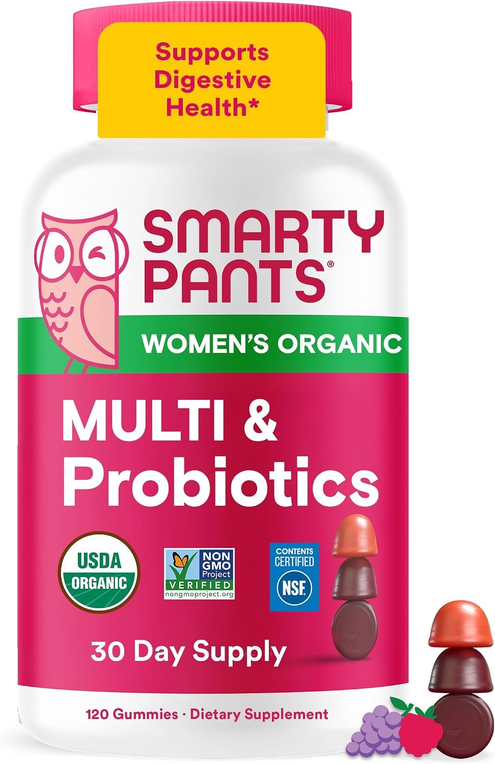 SmartyPants Organic Women’s Multivitamin Gummies: Biotin, Probiotics, Methylfolate, Omega 3 (ALA), Vitamin D3, C, Vitamin B12, B6, A, K & Zinc, Inositol, Gluten Free, 120 Count (30 Day Supply)