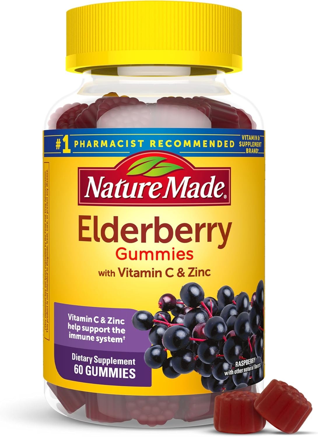 Nature Made Elderberry Gummies with Vitamin C & Zinc, 60 Elderberry Gummies | Dietary Supplement for Antioxidant and Immune Support, Suitable for Vegetarians, Raspberry Flavor, 30 Day Supply