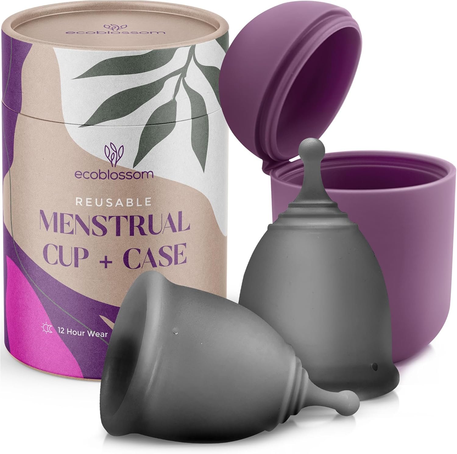 EcoBlossom Reusable Menstrual Cup and Case – The Most Reliable Medical Grade Silicone Period Cups – Comfortably use for 12 Hours (Small/Large (Pack of 2), Gray Cup & Case)