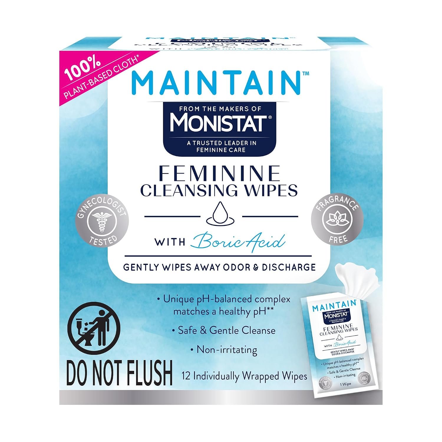 Maintain by Monistat Boric Acid Feminine Wipes, Fragrance-Free, 12 Count | pH-Balanced Wipes for Women, Individually Wrapped, Feminine Care, Gentle Intimate Wipe for Odor & Discharge, Non-Irritating