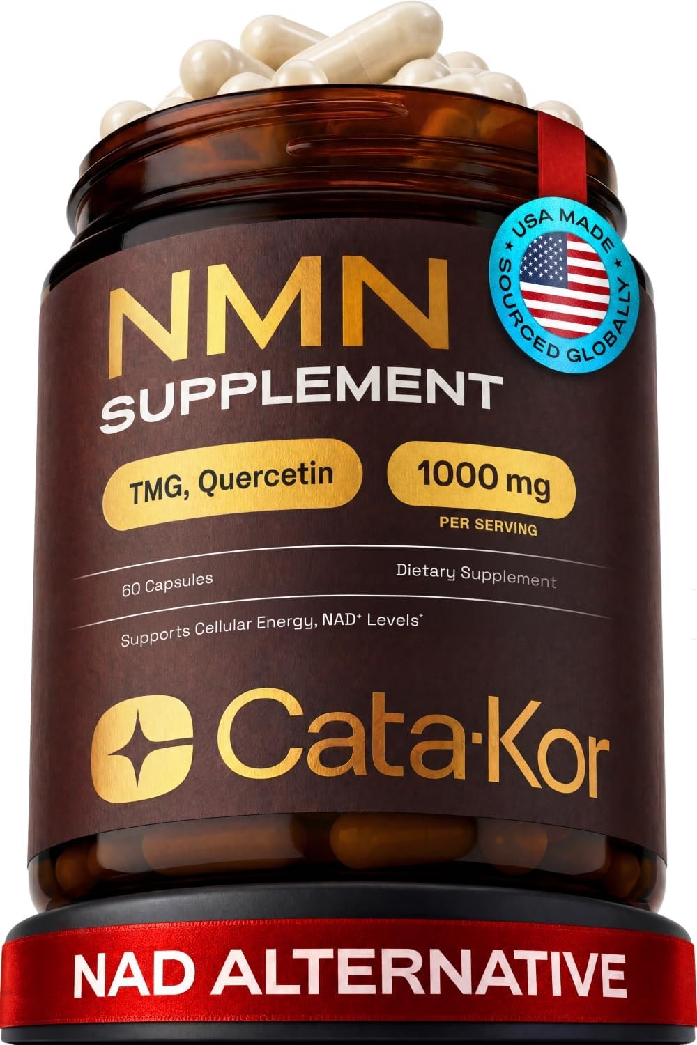 Cata-Kor NMN Supplement – 4-in-1 NAD Supplement with Quercetin | TMG | Resveratrol – NMNH Alternative – Supports Cellular Energy & NAD+ Level – 60 Capsules – Third-Party Tested (1 Pack)