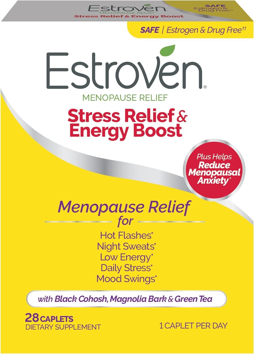 Estroven Stress Relief & Energy Boost for Menopause Relief, 28 Count | Clinically Proven Ingredients Provide Stress & Energy Support + Night Sweats & Hot Flash Relief* – Drug-Free, Hormone-free