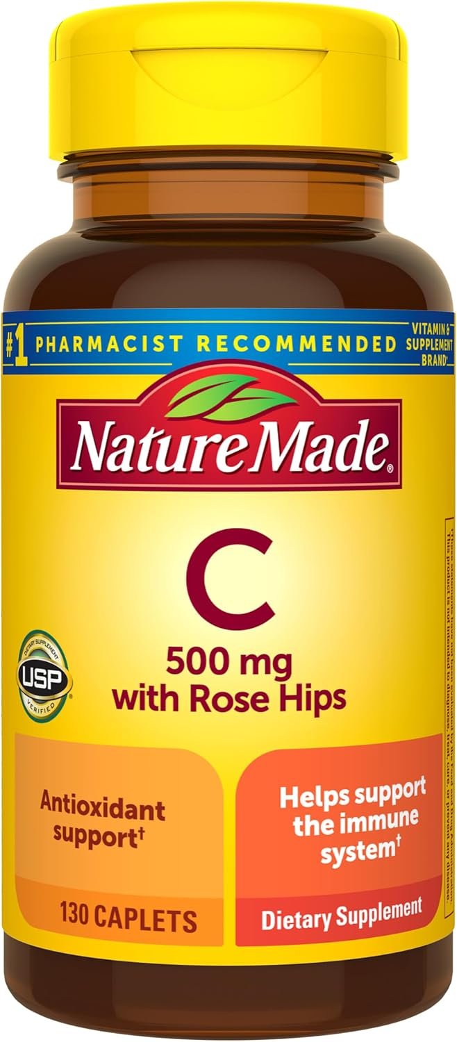 Nature Made Vitamin C 500 mg with Rose Hips Caplets, 130 Caplets | Vitamin C for Immune Support and Antioxidant Support, 130 Day Supply