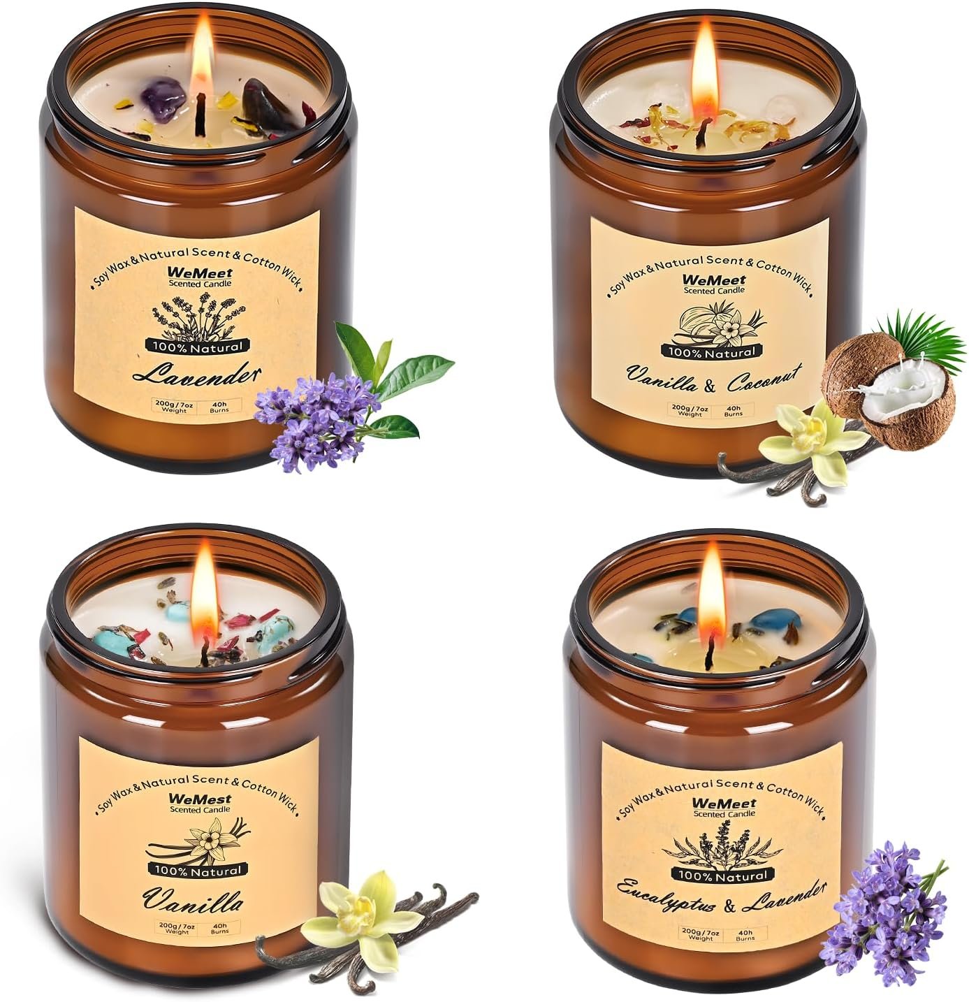 WEMEET Scented Candles Set, 4 Pack Aromatherapy Candle with Crystals, 28 oz 160 Hour Long Lasting Candle, Soy Wax Scented Candle with Dried Flowers, Gifts for Men, Women, Birthday, Mother’s Day