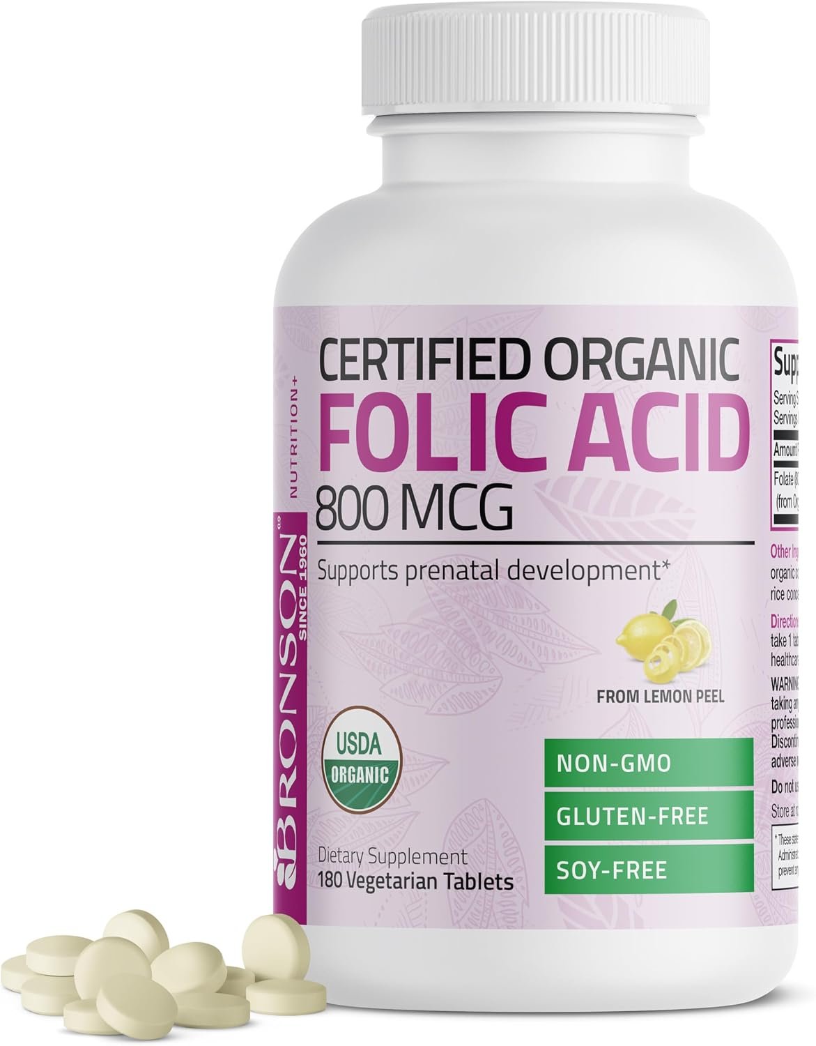 Bronson Folic Acid 800 mcg, USDA Certified Organic, 180 Tablets | From Whole Lemon Peel Extract, Prenatal Development Support, Vegetarian, Non-GMO, Gluten-Free & Soy-Free