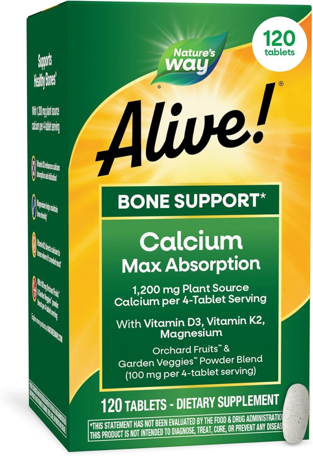 Nature’s Way Alive! Calcium Bone Support Tablets*, 1,200 mg Calcium, 120 ct | Max Absorption Calcium Supplement with Vitamins D3, K2, & Magnesium, Promotes Bone Health and Bone Density*, Gluten Free