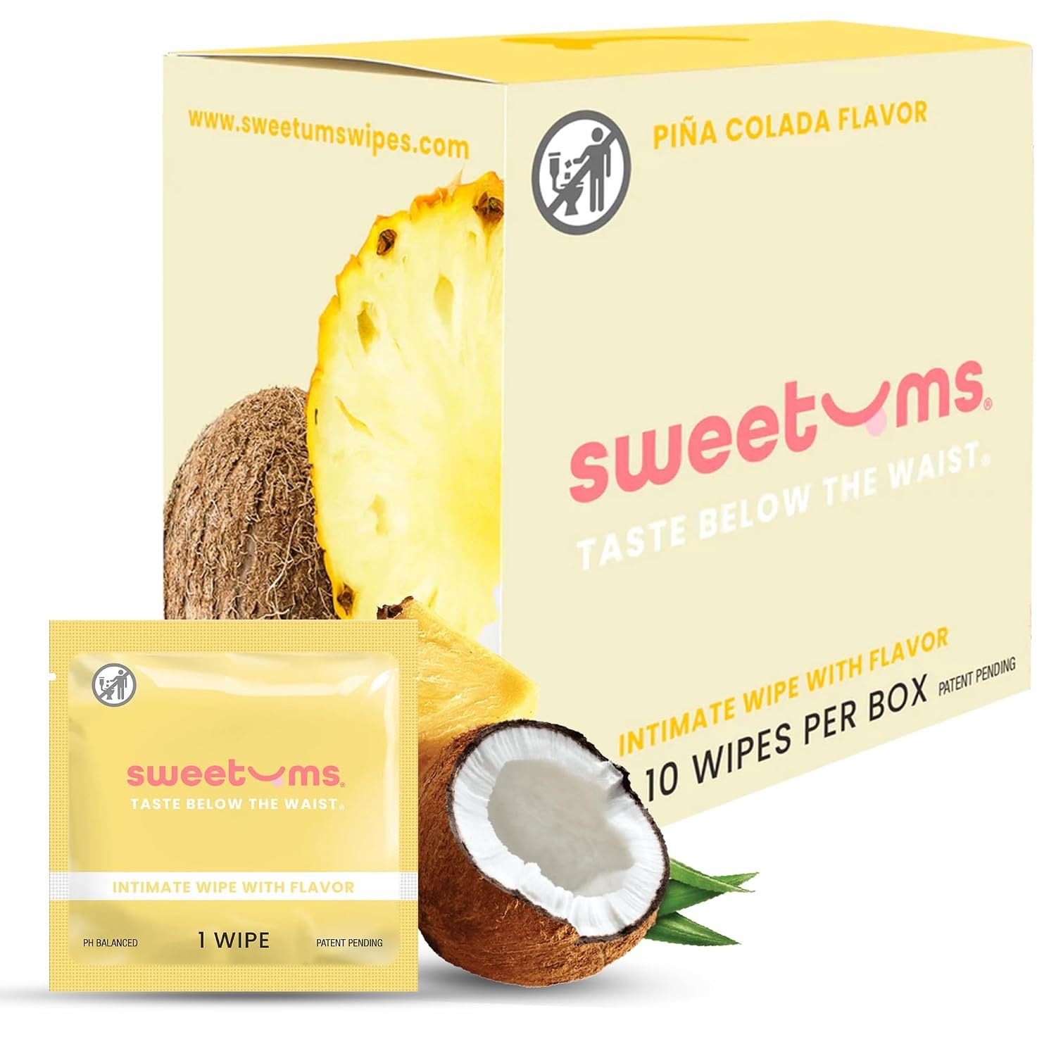 Sweetums Feminine Wipes for Women, Pina Colada, pH Balanced – Pack of 10 | Individually wrapped, pH balanced flavored wipes for women designed for on-the-go freshness and convenience