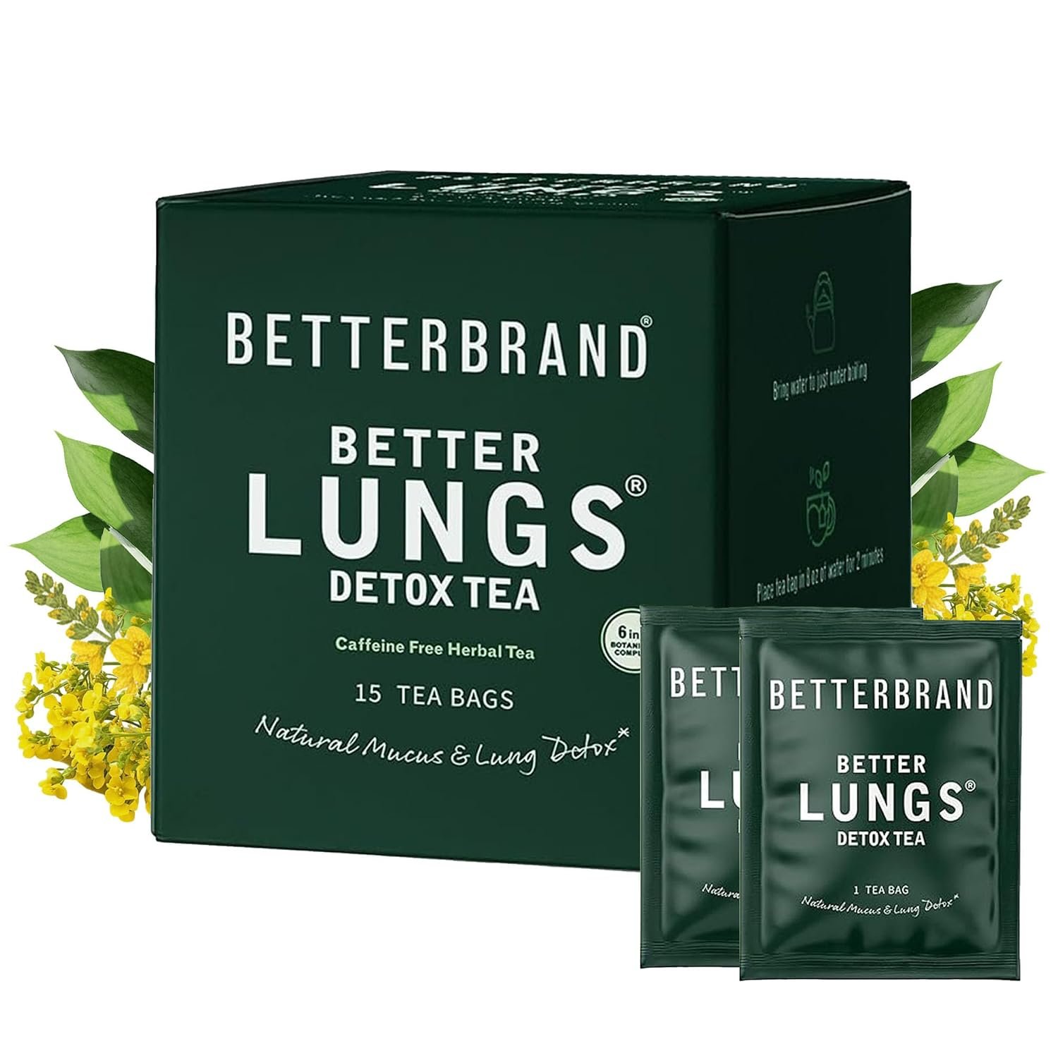 Betterbrand Mullein Tea Bags, Lung Detox w. Thyme, Elderberry, 15 Bags | Caffeine-Free Herbal Calming Mullein Tea, Thyme, Elderberry, Ginseng & Ginger, Lung & Wellness Support & Respiratory Health