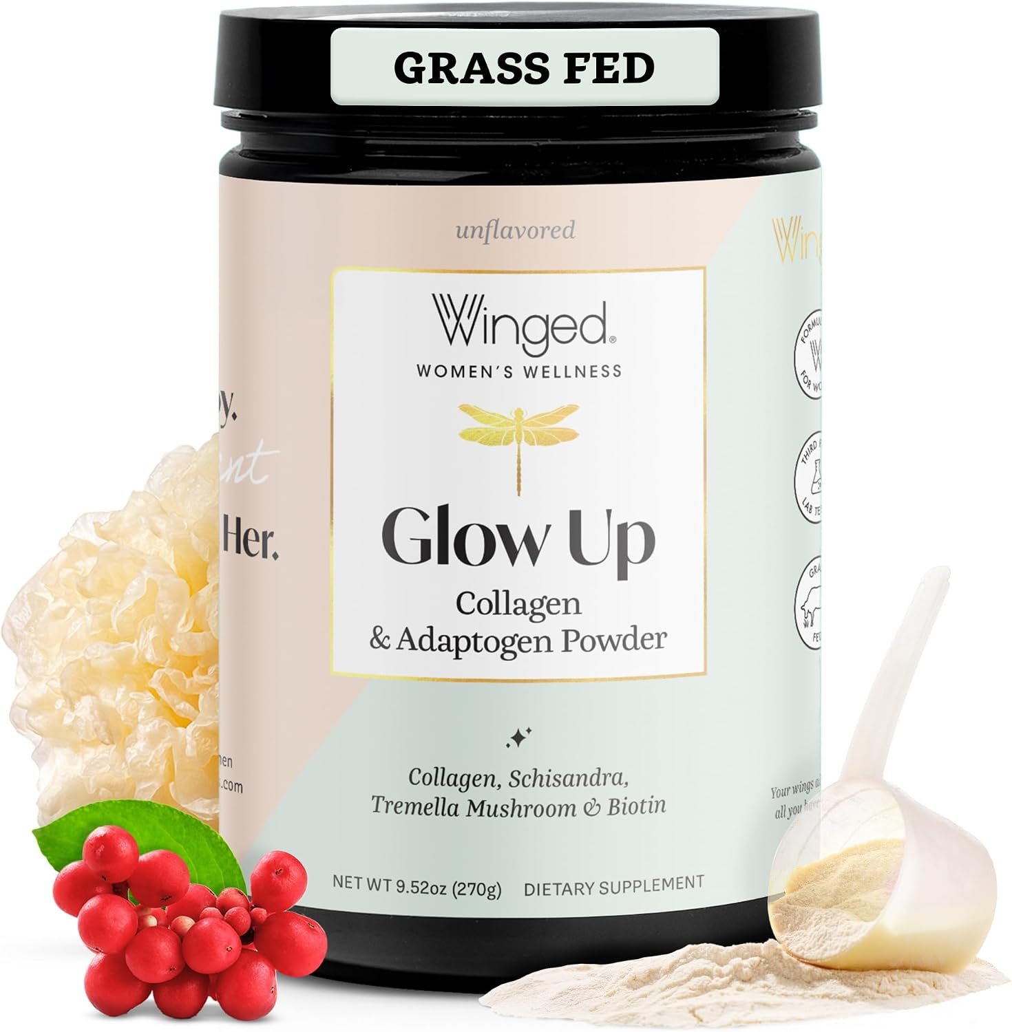 Winged Wellness Glow Up, Collagen Powder for Women, 25 Servings | Unflavored – Hair, Skin & Nails Beauty Supplement with Grass-Fed Hydrolyzed Collagen Peptides Adaptogens, Vitamin C & Biotin