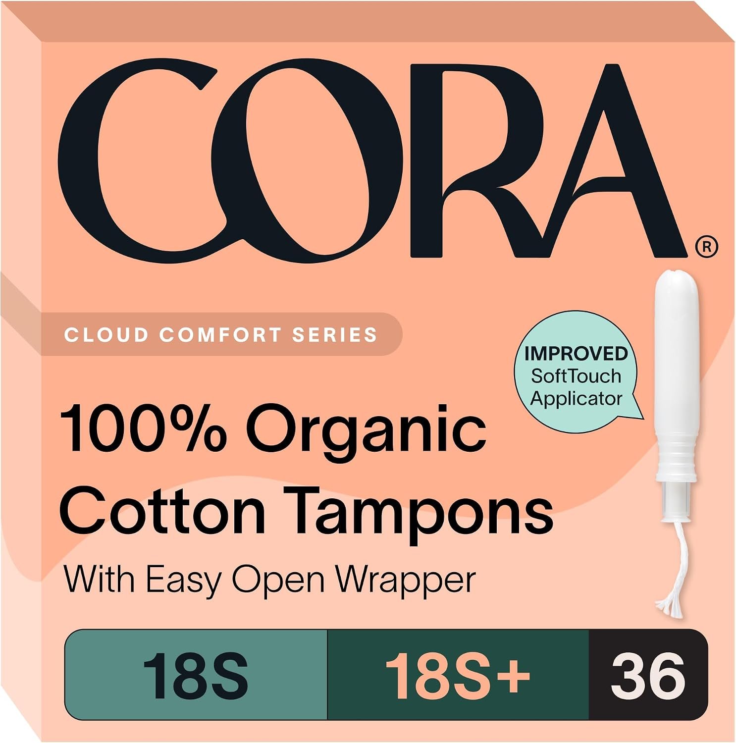 Cora Organic Cotton Tampons Multipack (18 Super, 18 Super Plus Tampons) | Comfortable Leak Protection, Expands to Your Shape, Made Without Chlorine, Pesticides, or Rayon, Organic Cotton Feminine Care