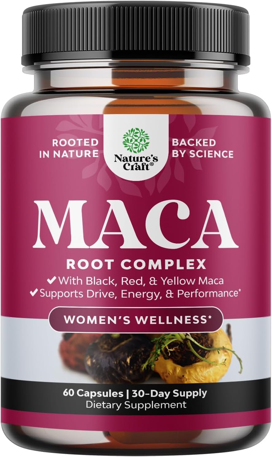 Maca Root Capsules for Women with Red Yellow & Black Maca – 60 Count | Female wellness supplement with maca root blend for energy, mood & hormone balance support