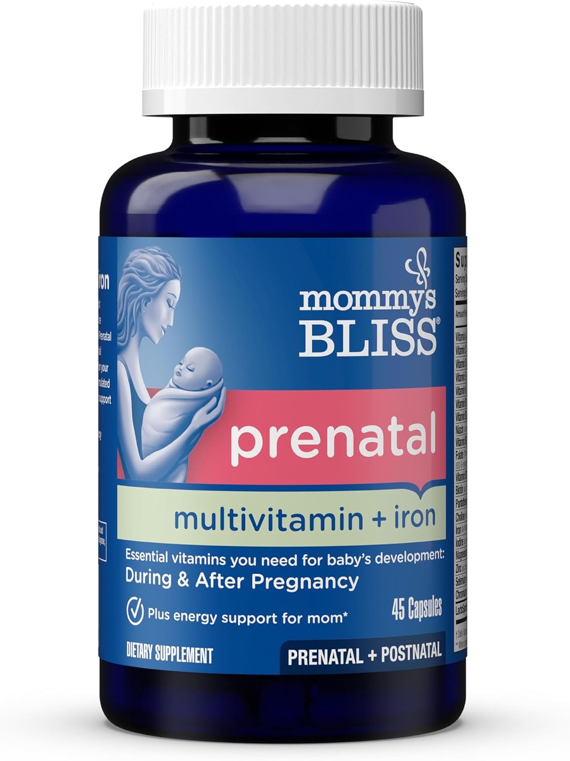 Mommy’s Bliss Prenatal Multivitamin with Iron & Folic Acid, 45 Servings | Supports Baby Development + Mom Immune System & Energy Levels w/ B Vitamins & Probiotics, Vegan & Gluten Free