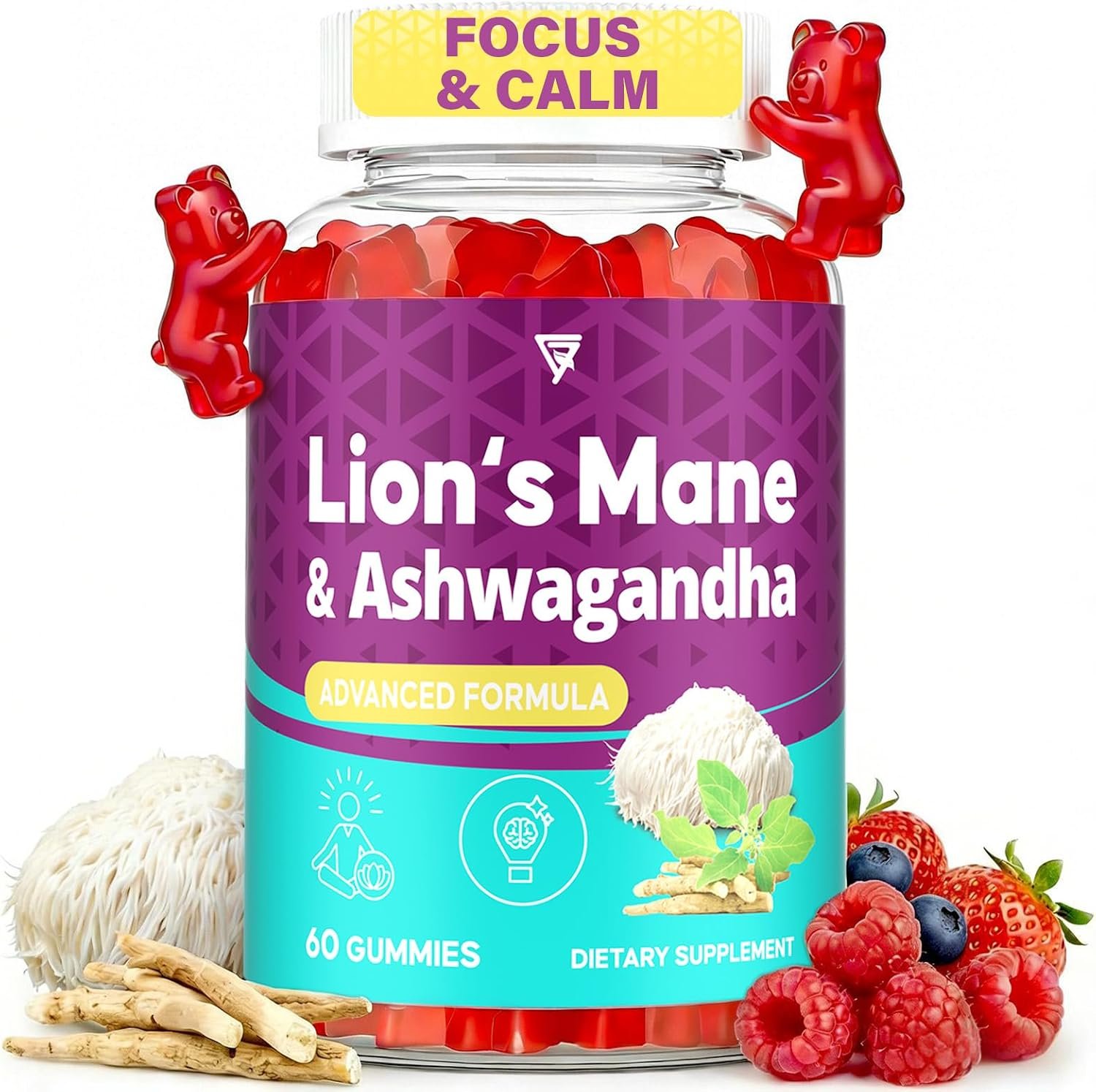 Organic Ashwagandha Gummies & Lions Mane Gummies with 4 Adaptogens | Brain Supplements for Memory and Focus, Stress, Energy, Immune, Sleep| Cortisol Supplements for Women & Men, 60 Counts